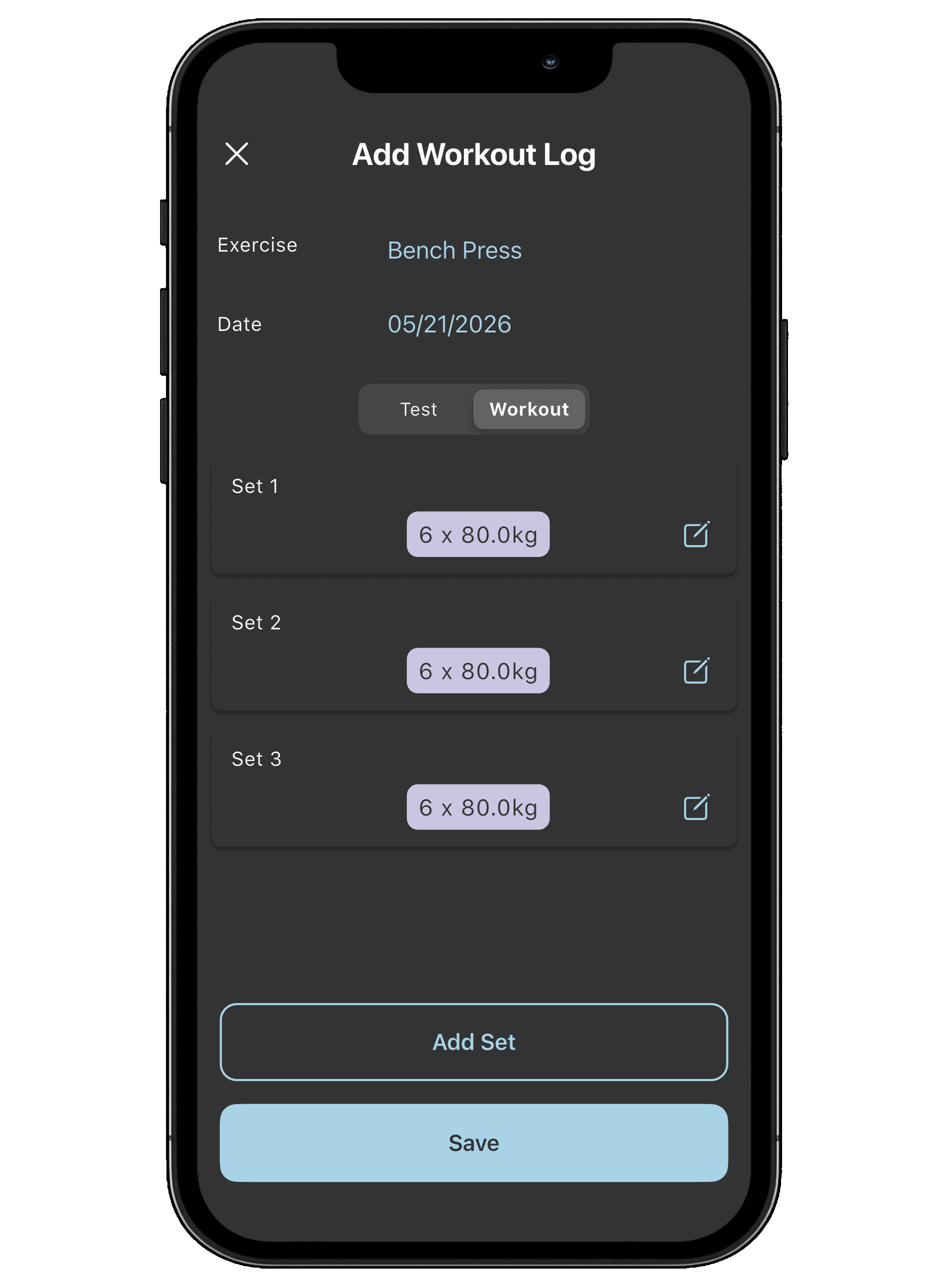 Workout logging screen
